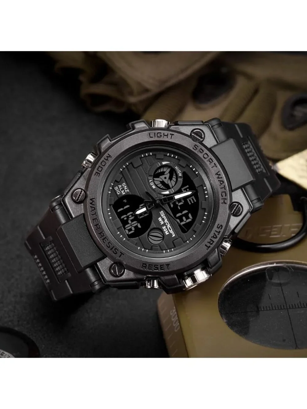 Men All Black Analog Quartz Sport Waterproof Military Tactical LED Digital Watch